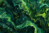 An abstract aerial view created by sprawling jade and emerald paint splashes, resembling the lush topography of a rainforest. 