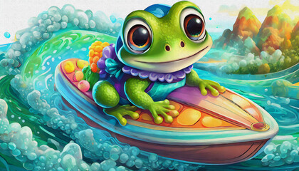 Wall Mural - oil painting style CARTOON CHARACTER CUTE a beautiful baby frog rides a jet ski on the sea