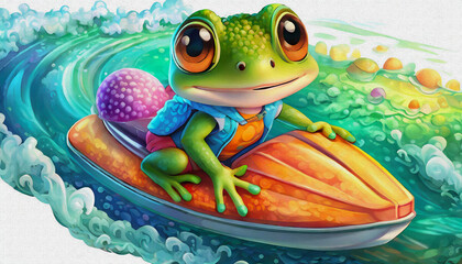 Wall Mural - oil painting style CARTOON CHARACTER CUTE a beautiful baby frog rides a jet ski on the sea