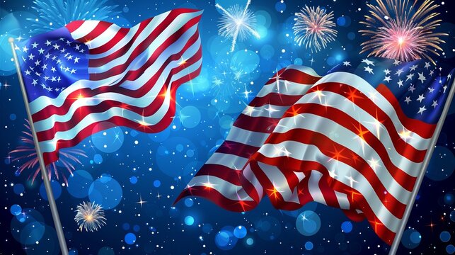 4th of July independence day Vector illustration with the celebration greeting USA flag waving ribbon bunting decoration famous landmarks balloons flag