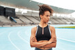© peopleimages.com - Confident, black woman or athlete on sports or race track for fitness, running and training for competition. Female person, sportswear and outdoor on marathon field for workout, exercise and health