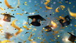 Black Graduation caps flying on blue sky background with confetti and yellow lights. Copy space	
