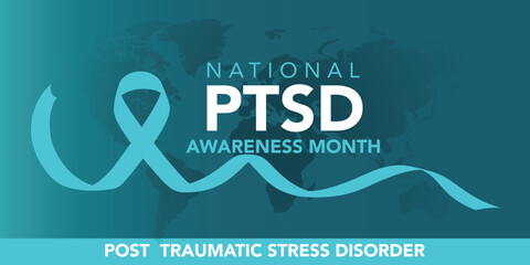 PTSD Awareness Month. National Post Traumatic Stress Disorder Month in June. Vector banner, poster, card for social media. The horizontal composition. Takes place in the United States.