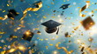 Black Graduation hats thrown up on blue sky background with confetti and yellow lights. Copy space	
