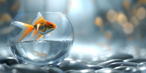 Goldfish Jumps from Bowl in Pursuit of Career Advancement, Breaking Free from Confinement. Concept Goldfish, Bowl, Career Advancement, Breaking Free, Confinement