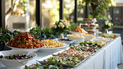 Wall Mural - elegant buffet setup, elegantly arrange a variety of dishes on long tables covered in white tablecloths for an inviting and stylish buffet setup at your special event