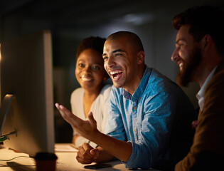 Poster - Laughing, meeting and business people in office at night for planning, teamwork and collaboration. Happy, creative agency and men and women on computer for online project, website and research