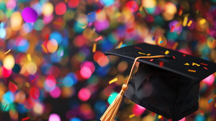 Wall Mural - Black graduation cap on festive background with confetti and lights. Banner, copy space	
