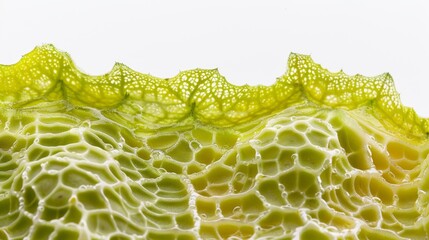 Macro shot of the surface of a bitter melon, capturing the intricate details of its rugged skin against a clean, white background