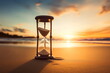 Vintage hourglass with falling sand at sunset sea beach