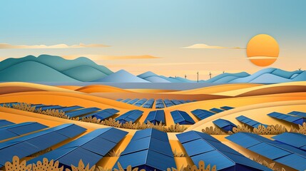 Wall Mural - A layered papercut showing solar panels in a desert, capturing the harsh environment yet sustainable energy solution.