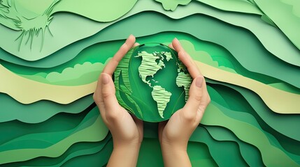 Wall Mural - Abstract papercut of Earth cradled in human hands, made from recycled paper, symbolizing care for the planet.