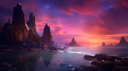 Wall Mural - Fantasy alien planet. Mountain and sea. 3D illustration.