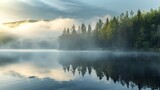 Fototapeta  - Misty clouds reflected in calm water of a scenic Norwegian forest lake. Concept Outdoor Photoshoot, Nature Photography, Landscape, Misty Weather, Reflections