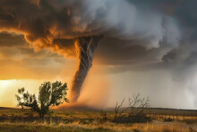 A Close-up Of A Tornado Touching Down In A Rural Landscape, Its Destructive Power Evident In The Swirling Debris And Uprooted Trees
