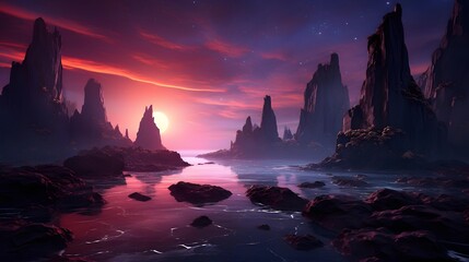 Wall Mural - Fantasy alien planet. Mountain and lake. 3D illustration.