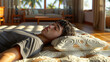 A man lies on a side sleeper pillow, resting on a gel-infused foam mattress. He looks peaceful,
