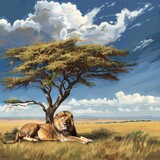 A majestic lion resting under the shade of an acacia tree on the savannah.