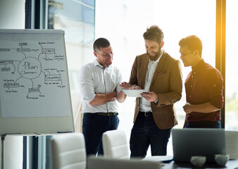 Poster - Businessman, tablet and meeting with group for collaboration, planning or strategy at office. Man or team of employees working together on technology for brainstorming, ideas or research at workplace
