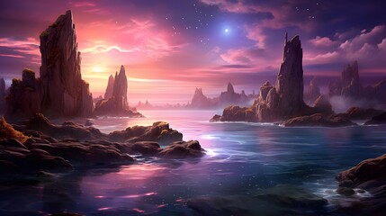 Wall Mural - Fantasy alien planet. Mountain and lake. 3D illustration.