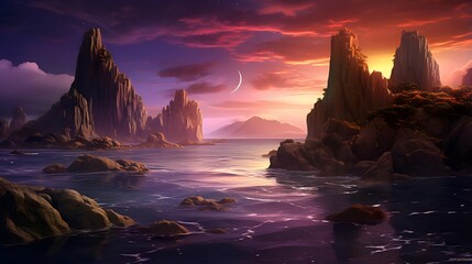 Wall Mural - Fantasy alien planet. Mountain and sea. 3D illustration.