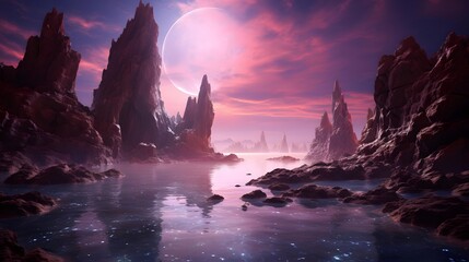 Fantasy alien planet. Mountain and lake. 3D illustration.