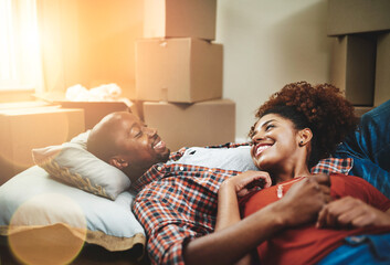 Sticker - Black couple, relax and happy on floor of new house with bonding, support and break from moving. People, homeowner and excited for property investment, dream home or real estate relocation with boxes