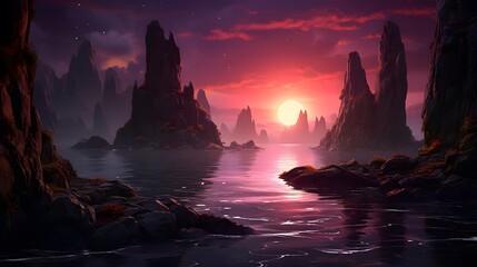 Wall Mural - Fantasy alien planet. Mountain and lake. 3D illustration.