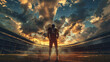 A football player stands in an empty stadium, the sky above him filled with dark clouds. The stadium is a digital rendering, a product of imagination.