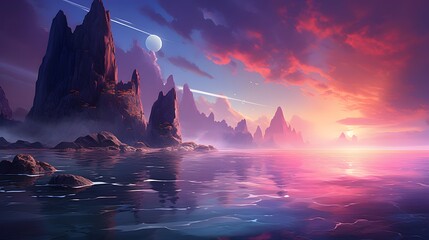 Wall Mural - Fantasy alien planet. Mountain and lake. 3D illustration.