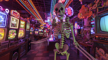 A Giant Skeleton Named Bertha Holds Little Bears And Turtles That Swing From Her Bones. Around Her Are Neon Lights Like Those In Las Vegas, Large Casino Chips, Vintage TVs, And Fluorescent Tubes.