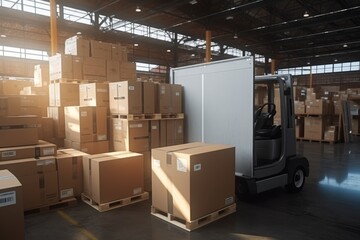 Wall Mural - Retail warehouse logistics  forklift in distribution center moving among shelves with boxed products