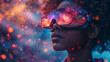 © kaitong1006 - A woman wearing a virtual reality headset with a cosmic display, surrounded by vibrant bokeh, showcasing futuristic and immersive technology