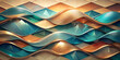 A complex pattern of wavy lines overlaid on a geometric background creates a sense of three-dimensional movement. Vibrant shades of blue, gold, and bronze add depth and appeal to the dynamic design.AI