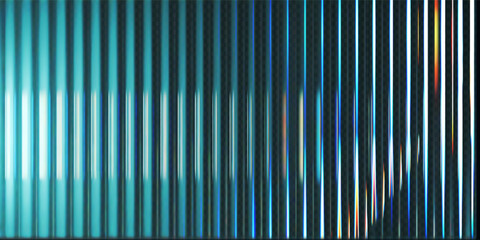 Wall Mural - 3d transparent ribbed glass background with refraction and holographic effect. Reeded glass with rainbow gradient. Render of corrugated wall with overlay reflection light on dark. 3d vector background