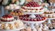 elegant dessert buffet, elegant desserts showcased on tiered stands, creating a tempting display at weddings or classy events, perfect for sweet lovers