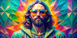 Against a colourful geometric background is a man with long hair and a beard, wearing reflective sunglasses and a stylish jacket. His serene expression and vibrant colours create a psychedelic mood.AI