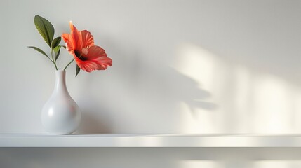 Wall Mural - minimalist home decor, the minimalist interior design features a white wall adorned with a solitary shelf showcasing a vase and a flower