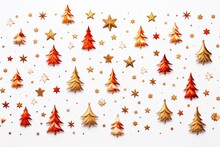 A Pattern Of Red And Gold Christmas Trees And Stars On A White Background.