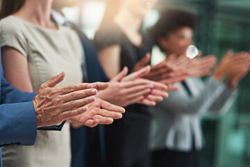 Aufkleber - Teamwork, applause and hands of business people in office for good news, success and achievement. Corporate, audience and men and women clapping for celebration, winning and collaboration in meeting