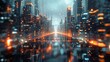 3d abstract Metropolis, Futuristic cityscape with abstract buildings, Stark and dramatic lighting, Metallic and glassy urban textures, Reflective skyscrapers and city lights