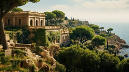 Canvas Print - Roman villa perched on cliff with terraced gardens and statues