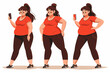 Plus size sad woman in different poses in sportswear with a smartphone. Cartoon image.