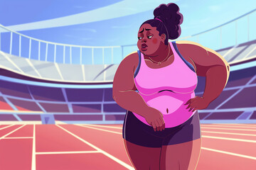 Person running. Fat african american woman on running track. Flat  illustration in cartoon style. Body positive concept