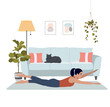 Fitness young woman does pilates in the living room. Vector cartoon flat style illustration