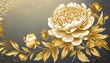 Luxury wallpaper design with golden hydrangea flower and natural background. Line design for wall art, fabrics