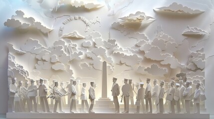 Wall Mural - Papercut art of a Memorial Day service at a war memorial, with a crowd of paper figures paying respects.