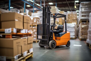 Wall Mural - Efficient retail warehouse  forklift amid shelves of cardboard boxes for logistics distribution