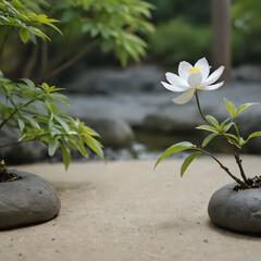 a two small white flowers in a black vase