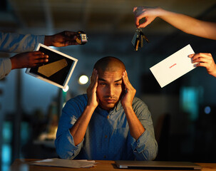 Aufkleber - Frustrated businessman, stress and night with debt in financial crisis, bill or expenses at office. Tired man or employee working late with headache in depression, anxiety or loss of job at workplace
